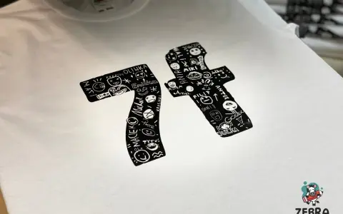 Napisy na koszulki do prasowania: cyfry 7 i 1 wypełnione zabawnymi rysunkami i imionami.