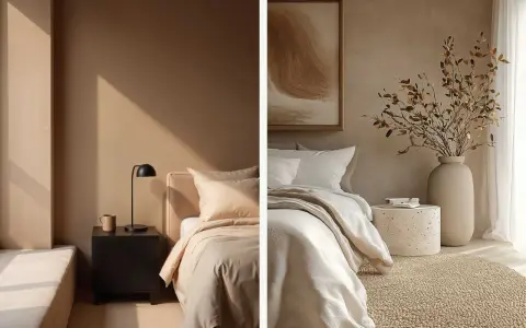 Un acogedor dormitorio en tonos tierra, con camas vestidas y detalles decorativos que invitan a la calma.