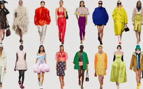 A collage of models showcasing bold 2026 fashion trends: voluminous silhouettes, vibrant colors, and unique textures.