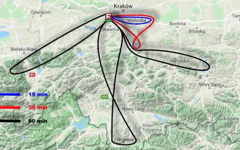 Trasy lotów z Krakowa do Wieliczki (15 i 30 min) oraz dłuższe, 60-minutowe loty w kierunku południowym, obejmujące m.in. Zakopane.