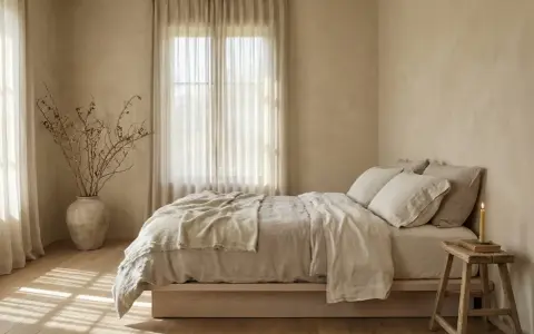 Camera da letto con pareti color sabbia, letto con biancheria in lino beige, vaso con rami secchi e candela. Ideale per capire quali pareti dipingere in una stanza.