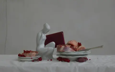 A white porcelain figure contemplates raw meat and red currants, a scene reminiscent of Evelyn Bencicova's still lifes.