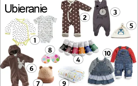 Zestaw ubranek dla noworodka: pajacyki, body, skarpetki, czapeczka, rękawiczki, kombinezon, sukienka i ogrodniczki.
