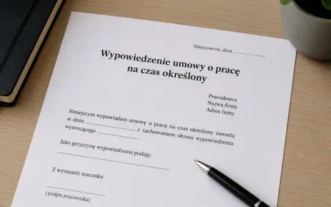 Dokument "Wypowiedzenie umowy o pracę na czas określony" z polem na wpisanie przyczyny. Długopis czeka na podpis.