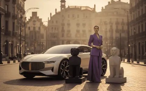 Mujer elegante junto a un carro moderno, flanqueada por estatuas de perros y una torre al fondo. Un guiño al tarot y al futuro.