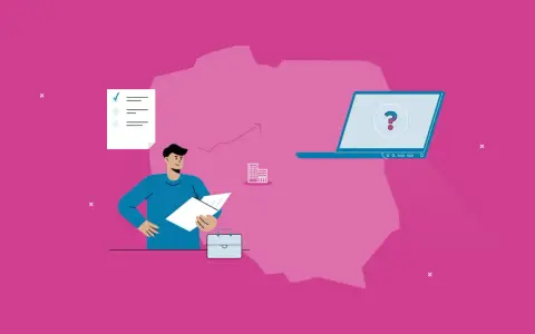 Ilustracja przedstawia mężczyznę z dokumentami, laptop z pytajnikiem i zarys Polski.