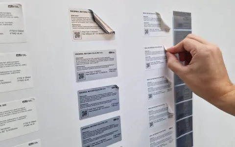 Ręka zrywa etykietę z folii, która jest surowcem dla drukarni. Widać różne rodzaje folii, m.in. srebrną matową i białą błyszczącą.