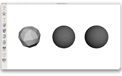 Autodesk Meshmixer: od importu do STL. Trzy modele sferyczne, od wielościanu do gładkiej kuli.