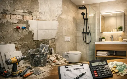 Kalkulator pokazuje 25000, a obok leżą pieniądze i lista "Koszt remontu". To podsumowanie, ile pieniędzy na remont małej łazienki potrzeba.