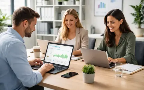 Equipo colaborando en estrategias de marketing digital, aprendiendo como hacer email marketing y analizando datos en laptops.