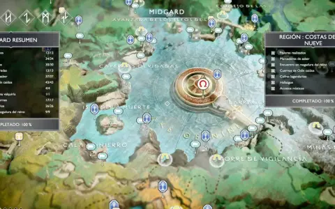 Mapa de Midgard, región Costas de Nueve. Busca el tesoro enterrado en el lago de los nueve.