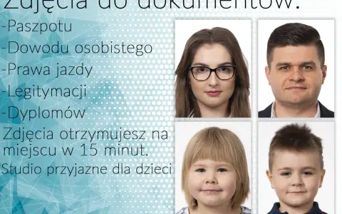 Zdjęcia do dowodu osobistego w okularach? Tak! Na zdjęciu widzimy cztery portrety: kobieta w okularach, mężczyzna, dziewczynka i chłopiec.