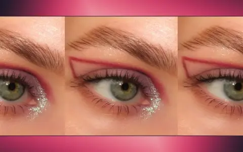 Ojos monolid con delineado gráfico rojo, sombra morada y glitter plateado.