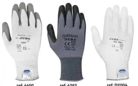 Tres tipos de guantes de protección: blanco con dedos grises, gris con dedos negros y blanco liso. Cada uno con su referencia y certificaciones.