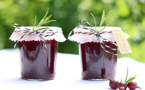 Zwei Gläser Jostabeere-Marmelade, liebevoll mit Rosmarin und kariertem Band verziert. Perfekt für die Jostabeere Verwendung auf Brot.