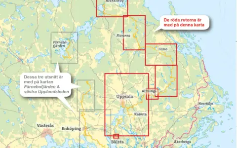 Karta över Upplandsleden med markerade områden kring Uppsala, Älvkarleby och Gimo. Röda rutor visar kartans utsnitt.