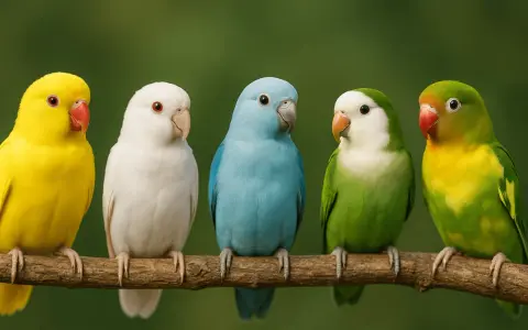 Cinque inseparabili colorati, giallo, bianco, azzurro, verde e giallo-verde, siedono su un ramo.