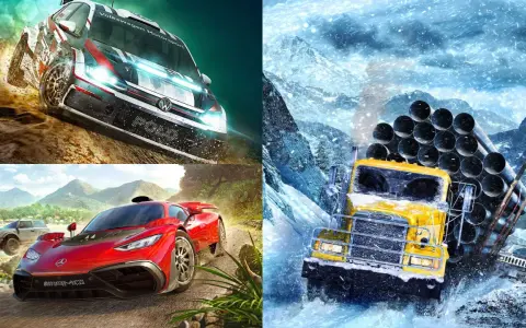 Wielkie wyścigi w grze z f1 game pass: rajdowy VW, czerwony supersamochód i żółta ciężarówka w śnieżnej zamieci.