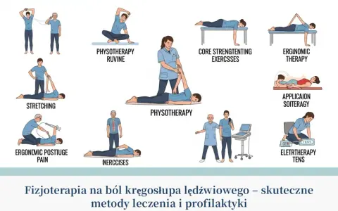 Ilustracje przedstawiające różne ćwiczenia fizjoterapeutyczne i terapie na ból kręgosłupa.