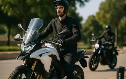 Uomo alto 1.90 in sella a una moto da turismo bianca, con un altro motociclista sullo sfondo.