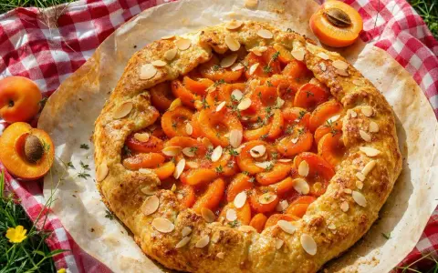 Délicieuse tarte aux fruits d'abricots, garnie d'amandes effilées et de thym frais, prête à être dégustée en plein air.