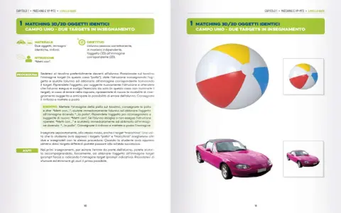 Esercizio di abbinamento 3D/2D: una palla e una macchina rosa. La comunicazione aumentativa alternativa supporta l'apprendimento.