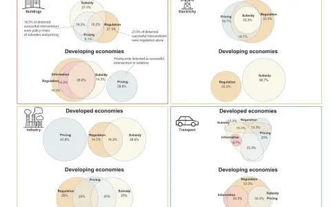 Venn-Diagramme zeigen, was Klimaschutz in verschiedenen Sektoren und Volkswirtschaften bedeutet: Subventionen, Regulierung und Preisgestaltung sind Schlüssel.