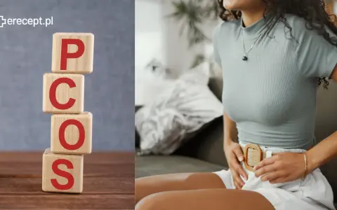 Klocki z literami PCOS i kobieta odczuwająca ból brzucha. Informacje o pcos leczenie.