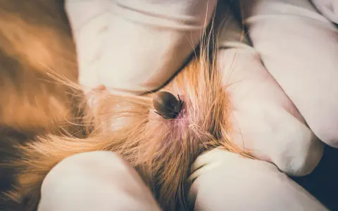 Gros plan d'une tique sur la peau d'un chien, retirée par des mains gantées.