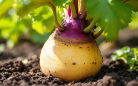 Gros plan sur un rutabaga jaune et violet poussant dans la terre. La culture du rutabaga est une tradition ancestrale.