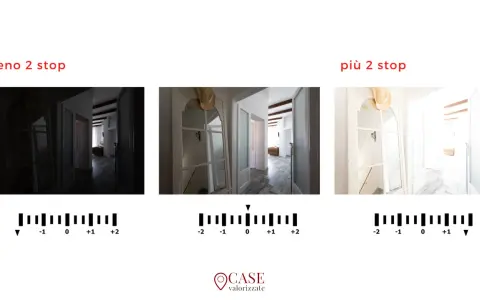 Esempio di bracketing fotografia: tre scatti di un corridoio, uno sottoesposto, uno normale e uno sovraesposto, per catturare dettagli in ogni condizione di luce.