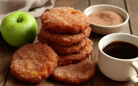 Deliciosas tortitas de manzana espolvoreadas con azúcar y canela, junto a una taza de café y una manzana verde.