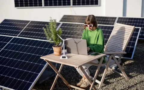Dziewczyna w okularach pracuje na laptopie przy stole, otoczona panelami słonecznymi. Obok stoi model wiatraka, symbolizujący energię oze.