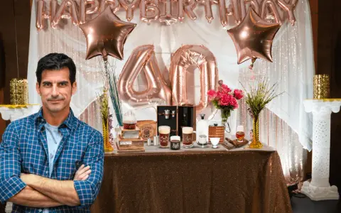 Mężczyzna w kratę stoi przed stołem z prezentami i balonami z napisem "Happy Birthday 40".