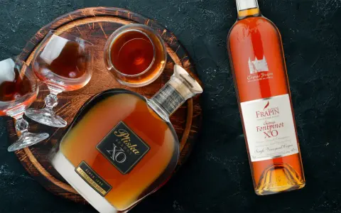 Brandy vs Cognac: butelka Pliska XO Brandy i Frapin Fontpinot XO Cognac, dwa kieliszki z bursztynowym trunkiem.