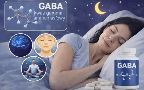 Kobieta śpi spokojnie, obok buteleczka suplementu GABA. Obrazek sugeruje relaks i dobry sen dzięki GABA.