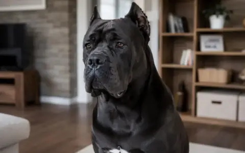 Potężny czarny pies rasy Cane Corso siedzi w salonie. Zastanawiasz się, ile kosztuje Cane Corso?
