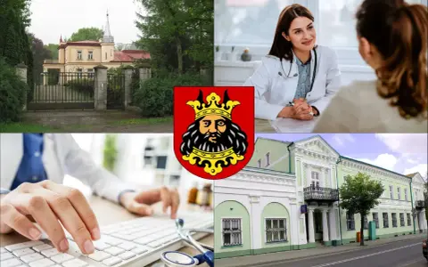 Lekarz medycyny pracy Lipno: konsultacja lekarska, wpisywanie danych na klawiaturze, budynek przychodni i herb miasta.