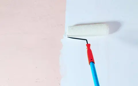 Malowanie ściany wałkiem. Decyzja: farba ceramiczna czy lateksowa? Jasnoróżowa ściana zyskuje białe wykończenie.
