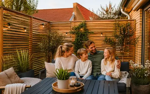 Familj njuter av kvällen på altanen bakom ett snyggt insynsskydd.