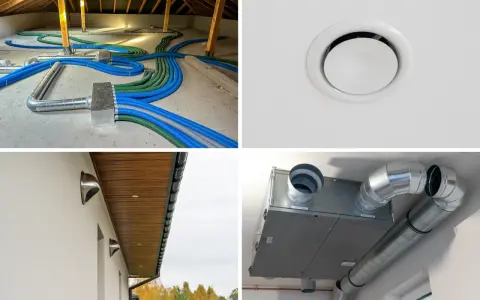 Instalacja kanałów wentylacji mechanicznej: rozdzielacz w poddaszu, kratka nawiewna, wyloty ścienne i rekuperator.