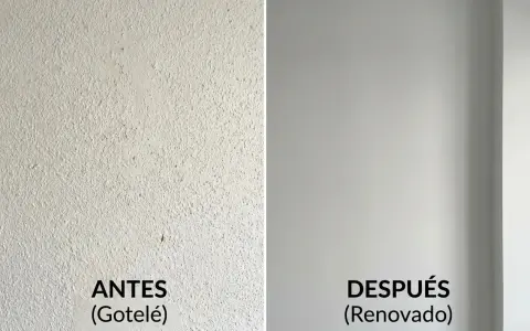 Antes (gotelé) y después (renovado). Se puede poner papel pintado en gotele para un acabado liso.
