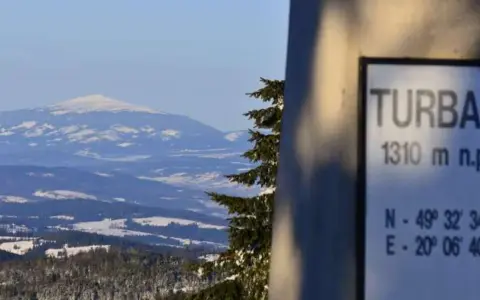 Zimowy krajobraz z Turbacza, szczytu o wysokości 1310 m n.p.m. Śnieg pokrywa okoliczne góry i lasy.