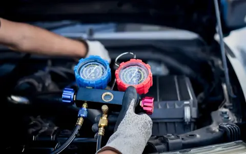 Manos enguantadas ajustan manómetros para saber como cargar aire acondicionado coche.
