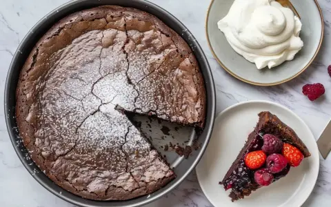 En saftig snabb kladdkaka i form, pudrad med florsocker. En bit serveras med bär och vispgrädde.