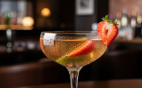 En svalkande alkoholfri strawberry daiquiri med färsk jordgubbe och mynta i ett elegant glas.