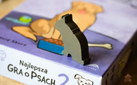 Szary kotek na pudełku gry planszowej "Najlepsza gra o psach". Czas na wspólną grę z pieskami!