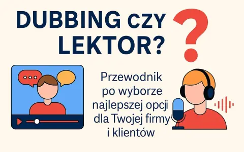 Dubbing czy lektor? Przewodnik po wyborze najlepszej opcji dla Twojej firmy i klientów. Ilustracje przedstawiające postacie z dymkami i mikrofonem.
