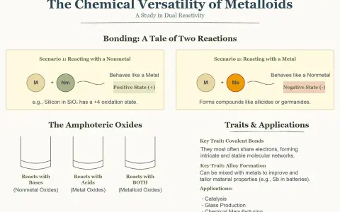Bilden visar metalloiders duala reaktivitet, deras förmåga att reagera som både metaller och icke-metaller, en fascinerande duality svenska.