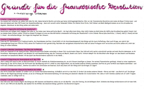 Gründe für die französische Revolution: Ungerechte Lasten, Gesellschaftsaufteilung, Staatsbankrott, Aufklärung, Einberufung der Generalstände, zögernder König, Sturm auf die Bastille.
